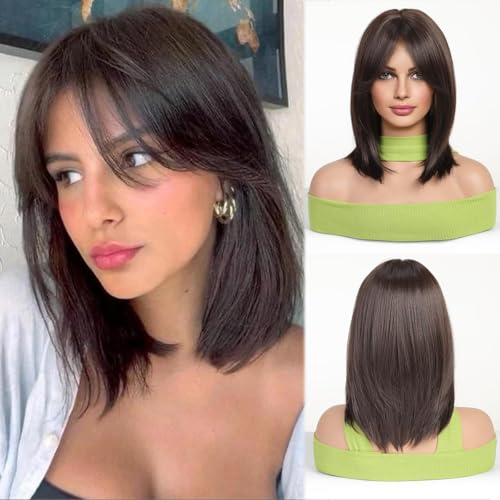 Esmee Perruque Courte Droite Brun Bob avec Frange pour Femme