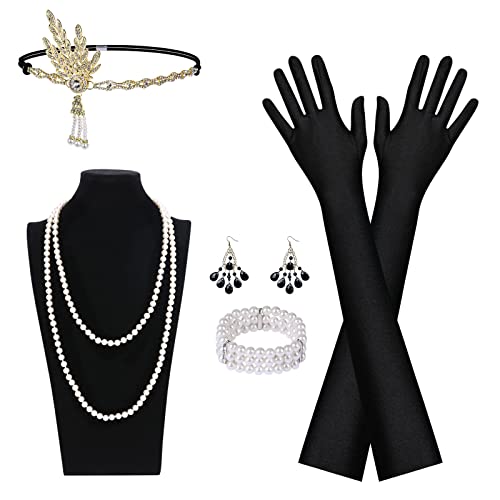 Aomig 1920 Accessories, 6 Pièces 1920s Accessoires de Déguisement, Costume Set Headband, Collier, Long Gants, Boucles d'oreilles, Great Bague Accessoires pour Les Fêtes, Femme Halloween Christmas