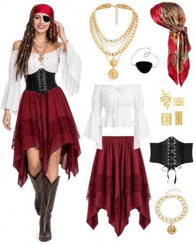 ZJKUBOIS 8pcs Déguisement Pirate Femme, Médiéval Robe Renais