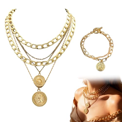 LEIIERUY Lot de 2 Bijoux Dorés Femme – Collier Chaîne Cubain