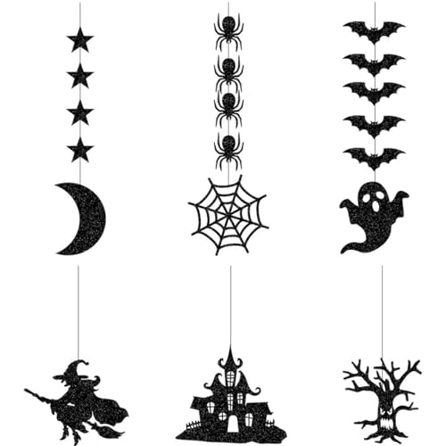 TSUOUKL Lot de 6 guirlandes dhalloween Noires à Paillettes à