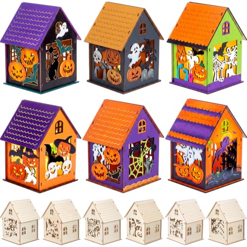Jenaai Lot de 12 maisons dHalloween en bois à faire soi-même