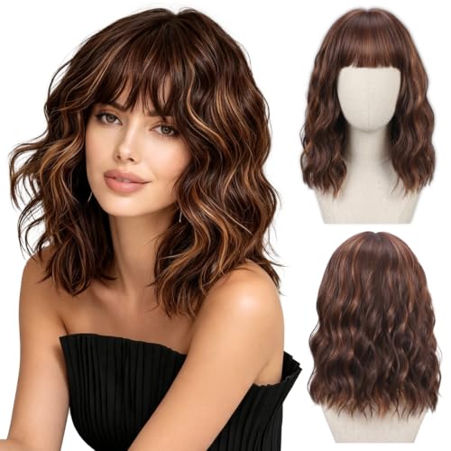 Perruque Carré Ondulée Courte avec Frange Brune Ombré/Mèches