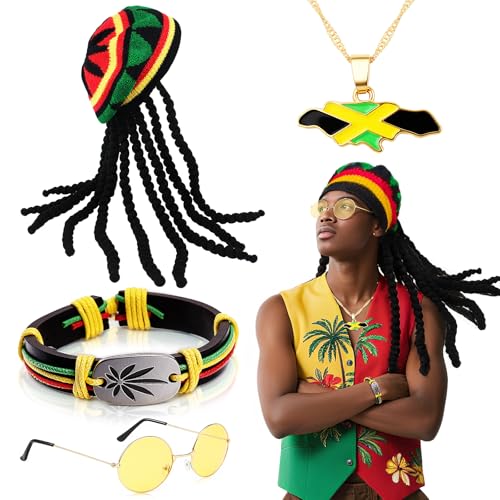 4 Pièces Ensemble de déguisement Rasta, Reggae Jamaïcaine Ac
