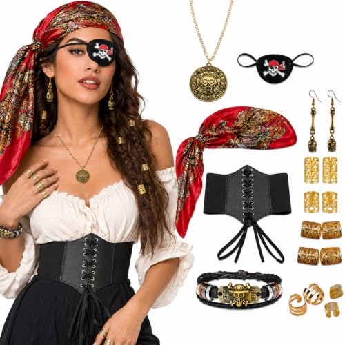 Ensemble 16 Pièces Accessoires Pirate Femme, Bandeau et Cein