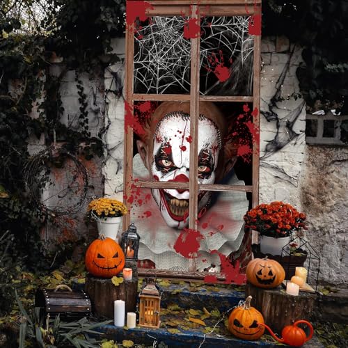 Toile de fond de porte de clown effrayant pour Halloween, dé