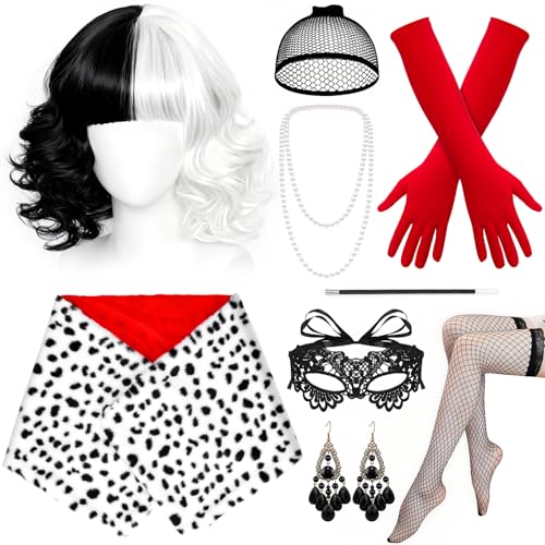 Hysagtek Cruella De Vil Costume - 9 pièces noir et blanc Cru