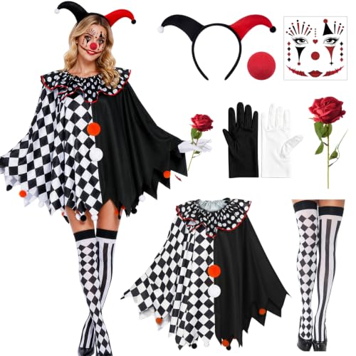 Costume Clown Femme, 7 Pièces Inclure Cape, Gants, Chaussett