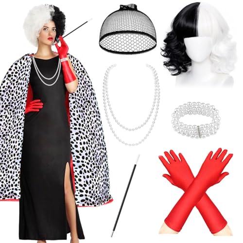 Beamely Costume Cruella 7 pièces avec cape, gants et perruqu