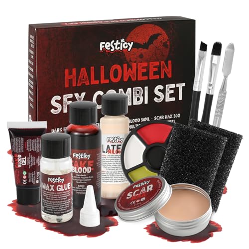 Festicy Kit Halloween Maquillage SFX Complet avec Faux Sang,