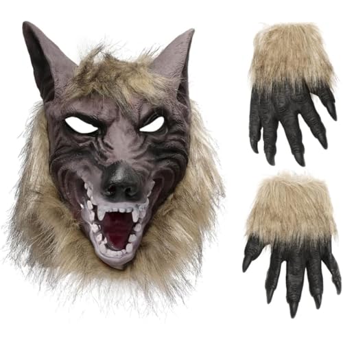 Déguisement de loup-garou, masque de tête de loup et gants d