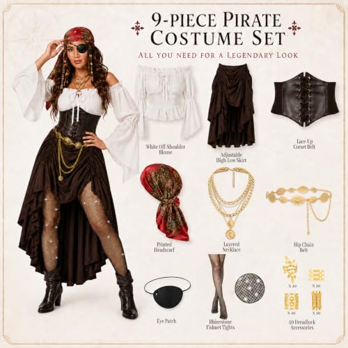 RYJJEEST Déguisement Pirate Femme 9 Pièces, Costume Pirate M