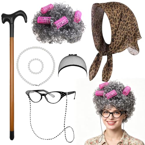 LUKIUP Perruque Grise Costume Grand-Mère 7 Pièces Carnaval H