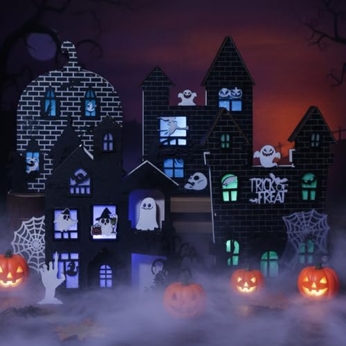 Qunclay Lot de 4 maisons hantées fantômes 3D pour Halloween,