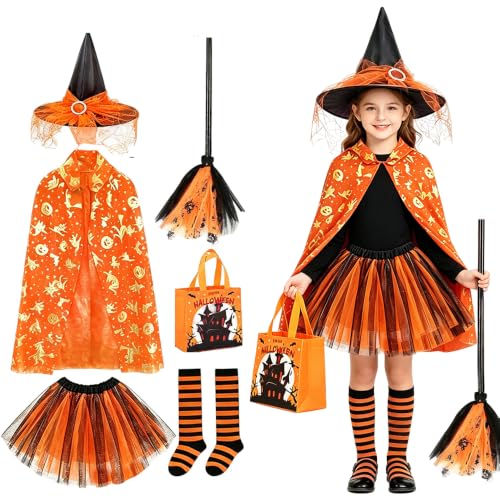 Deguisement Halloween Enfant Sorciere, Déguisement Sorcière Fille(Orange)