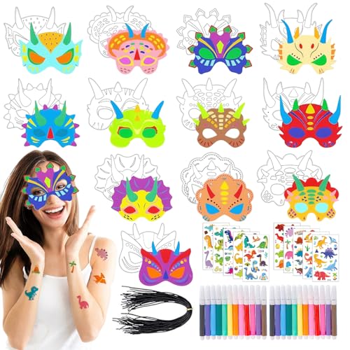 Ensemble de 24 Masque Dinosaure Peints Comprend Pinceau Stic