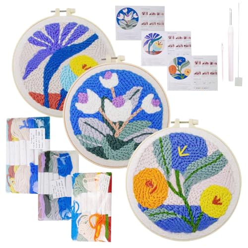 Kit De Punch Needle Création Ronde à Motif Floral Ajustable
