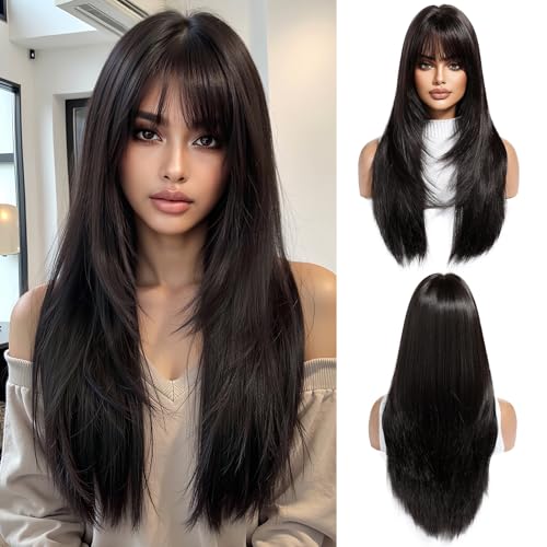 OUFEI Perruques brunes noires pour femme - Longue perruque a