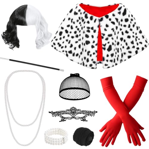 9 Pièces Déguisement Cruella, Noire et Blanche costume de Cr