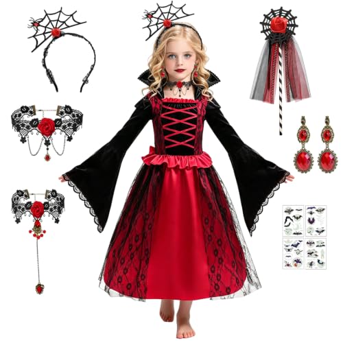 Déguisement Vampire Fille, 7 Pièces Costume Halloween Fille 