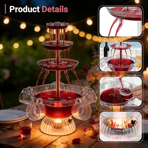 Fontaine de Fête 3 Niveaux avec LED et 5 Verres, pour Vin Ro