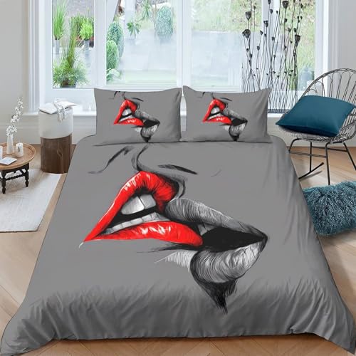 Housse de Couette Lèvres Imprimée 3D, Microfibre Couvre-lit