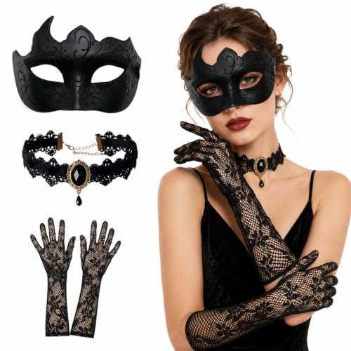 Set 3 Pièces Masque Halloween Gants et Collier Dentelle Noir