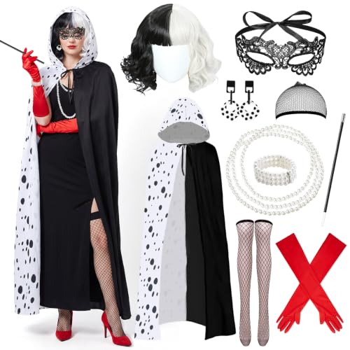 Costume Sorcière Femme Noir Blanc, Cruella Cape Halloween 10