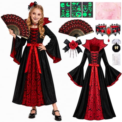 YYDSXK Deguisement Vampire Fille, Costume Vampire Royal avec Éventail, Dent