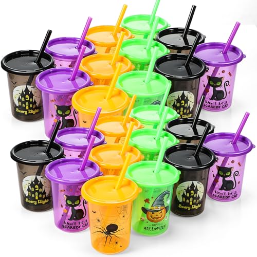 Nuanchu Lot de 24 gobelets d'Halloween réutilisables en plastique avec couvercles et pailles pour enfants avec château, citrouille, chat, araignée, 295 ml