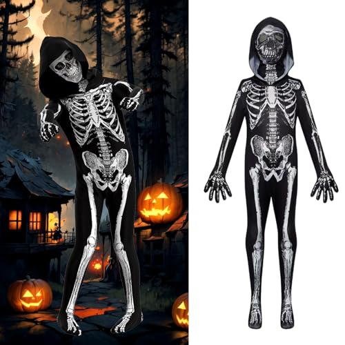 Costume Squelette Enfant Halloween - Combinaison 3D Avec Capuche - Tailles 120 à 150 - Pour Carnaval Cosplay