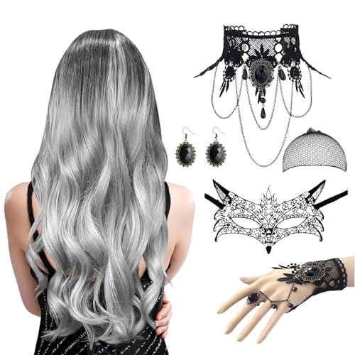 Set Perruques Halloween Argentées 70cm