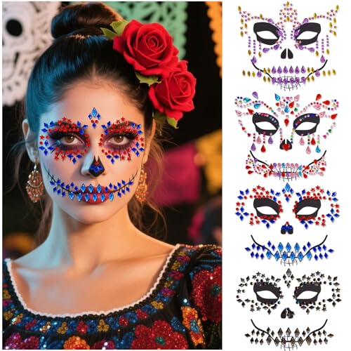 Strass Visage Halloween Temporaires – Lot de 4 Tatouages Éph
