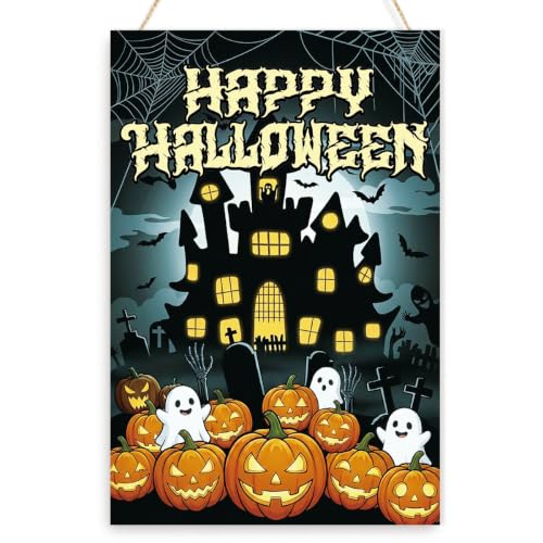 PQVRTMO Panneau de porte en bois à suspendre Happy Halloween