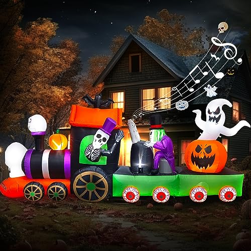EBANKU 4M Train Gonflable Halloween, Fantôme Conduit Un Train avec Cri de Terreur Squelette Citrouille avec Lumières LED pour Maison Famille Jardin et Pelouse Fournitures Fête d'halloween