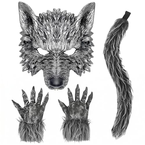 SYTTNUM Déguisement Loup 3 Pièces Masque Queue Gants, Costum