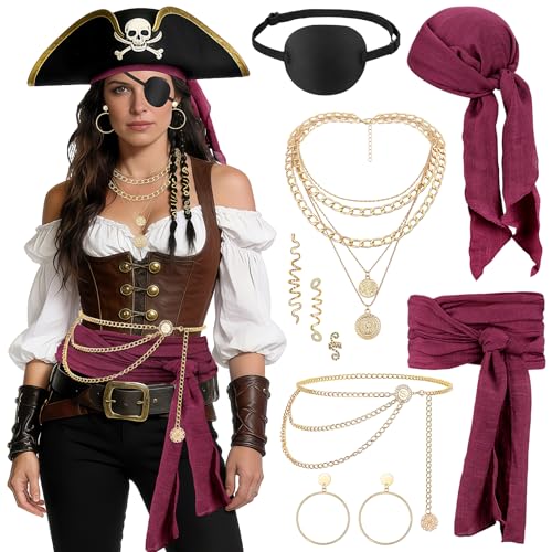 SelfTek Costume de Pirate pour Femmes - 7 Pièces Accessoires