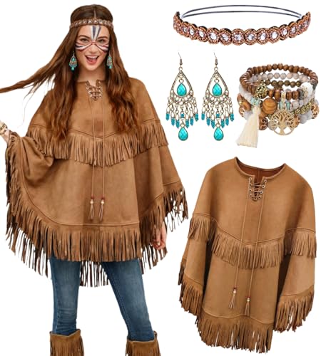 kasahara Poncho Indien Femme avec Franges et Accessoires – C