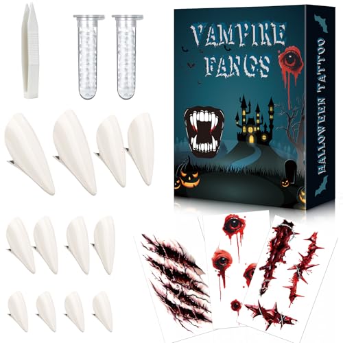 Tacilin Dent de Vampire - 6 Paires Vampire Teeth, 3 Tatouage