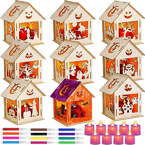 Wettarn Lot de 9 ensembles de maison en bois pour Halloween,