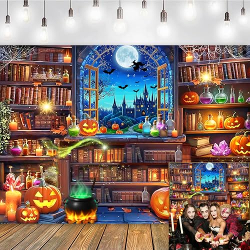 Toile de fond magique de sorcière dHalloween, bibliothèque d